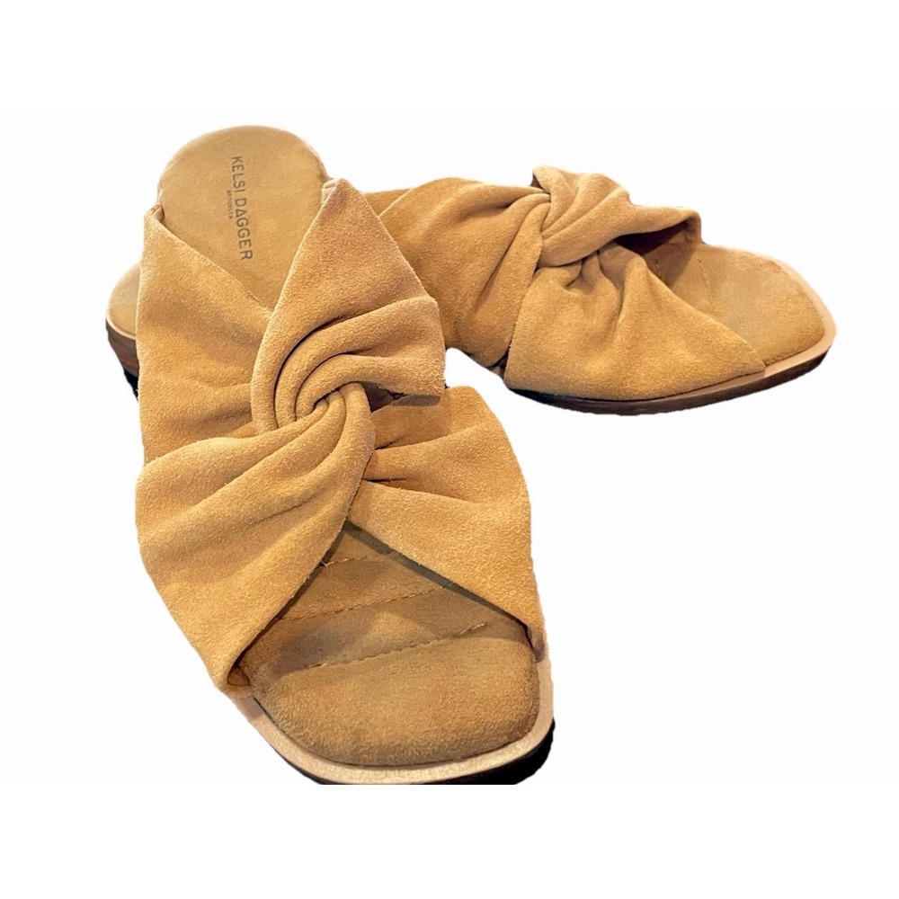 Kelsi Dagger Brooklyn Tan Suede Knotted‎ Twist Slide Sandals Square Toe Mules 9
